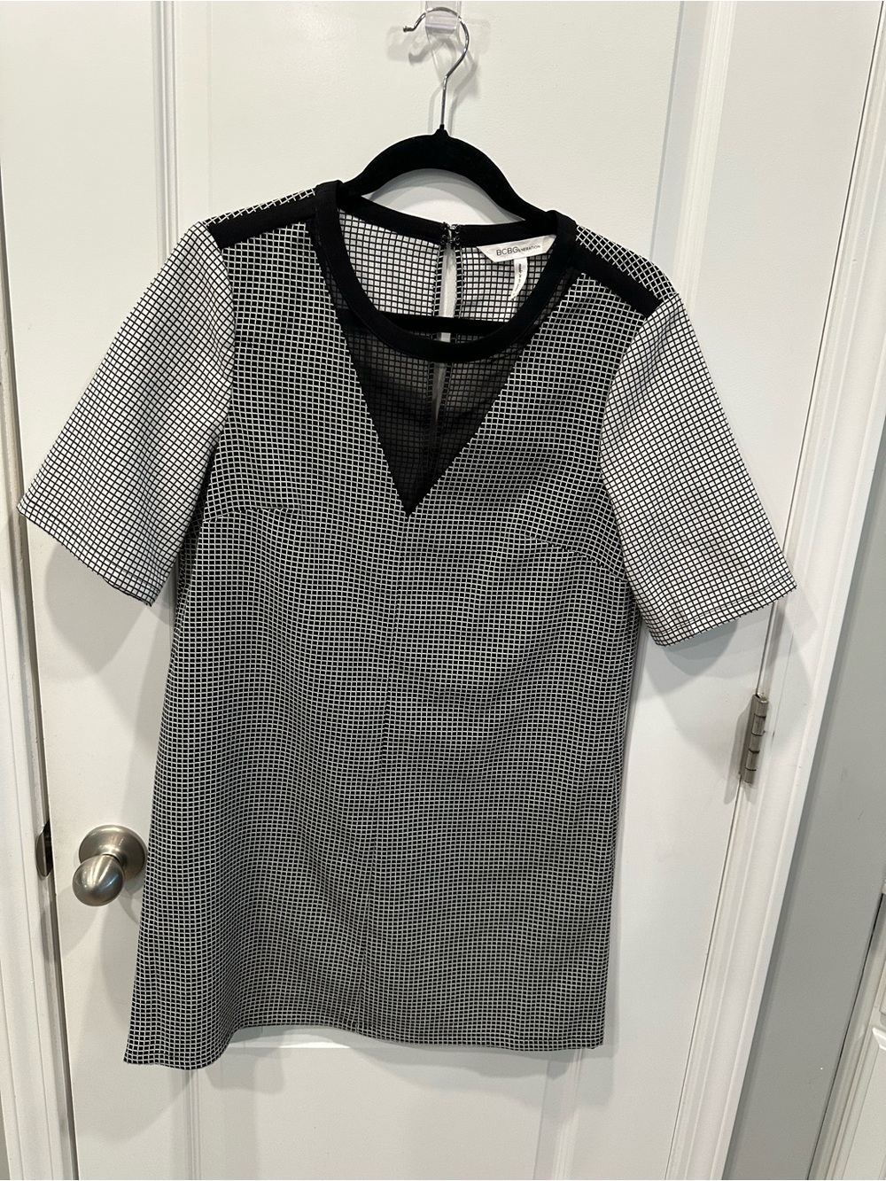 BCBGeneration Black and White Grid Mesh-Trim Mini Dress